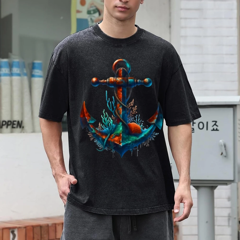 Unisex Vintage Washed Tee Gothic Rudder Graphic T-Shirt y2k Women Clothing Retro Men's Clothing Sales