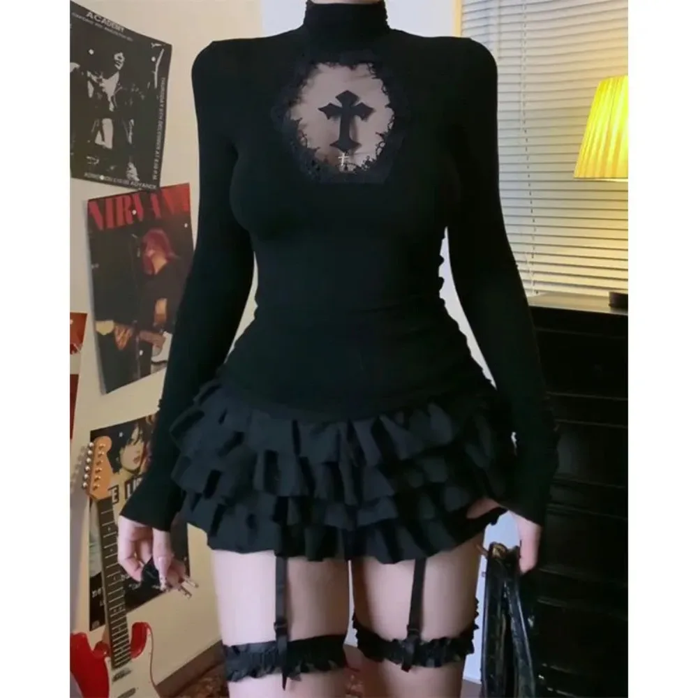 

Women Turtleneck Gothic Dark Cross Hollow Out T-shirts Long Sleeve Black Casual Slim Fit Pullovers Harajuku See Through Tops