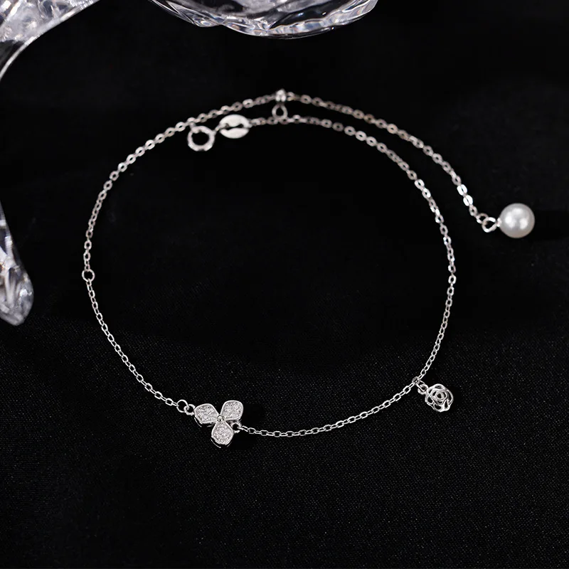 925 Sterling Silver Anklet Dazzling Clover Clear CZ Flower Pearl Tassel For Woman Girl Fashion Jewelry Gift Dropship Wholesale