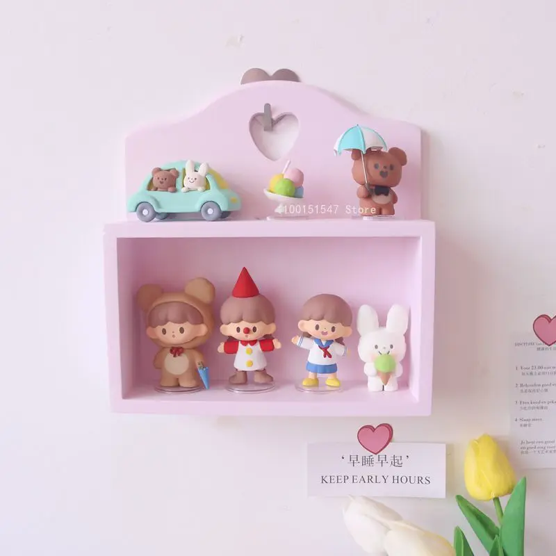 Pink girl heart desktop storage box doll finishing rack wooden love cute rack beauty shot background decoration storage shelf