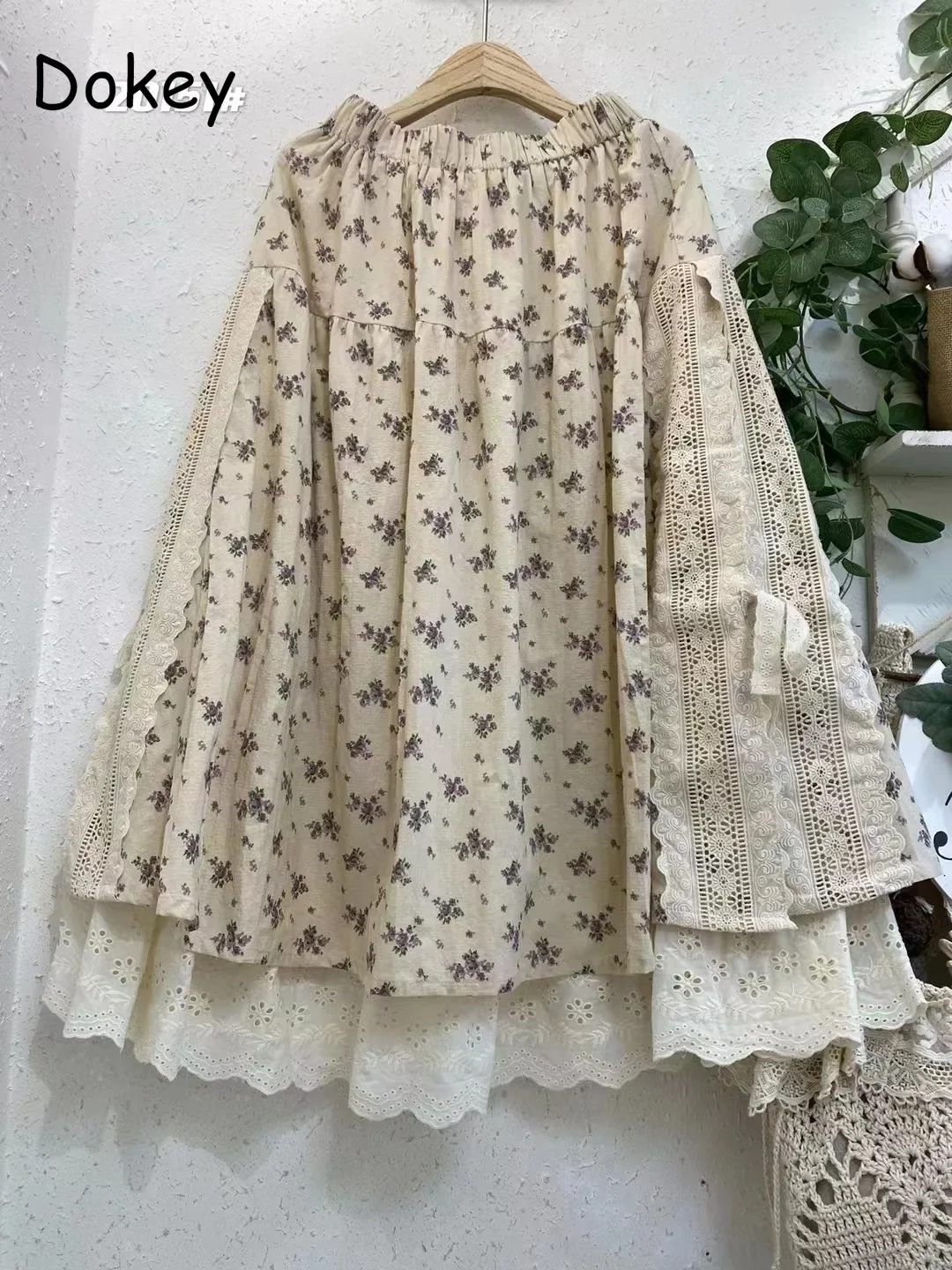 Gonna in lino di cotone Patchwork di pizzo ricamo Vintage da donna, stampa artistica, gonna lunga Casual a-line, allentata Kawaii Lolita, pieghettata