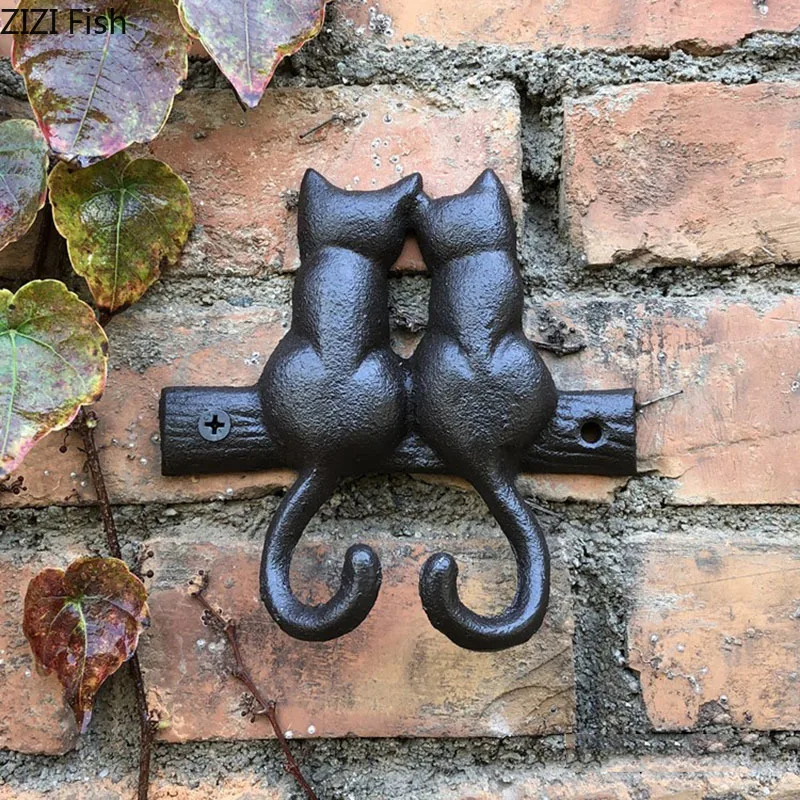 Gancho de gato preto para pendurar na parede, prateleira decorativa de ferro fundido, cabide para gatos, pátio, pastoral