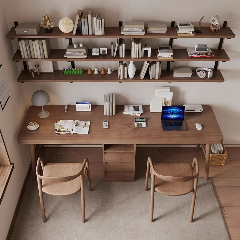 Creative study solid wood desk wall bookshelf combination double workbench student study long desk computer desk