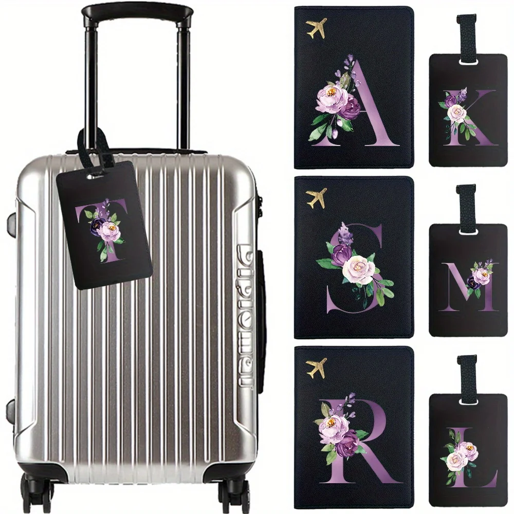 

2 шт., чехол для паспорта и набор багажных бирок, высококачественный держатель для паспорта, портативный прочный чемодан, фиолетовый узор с буквами