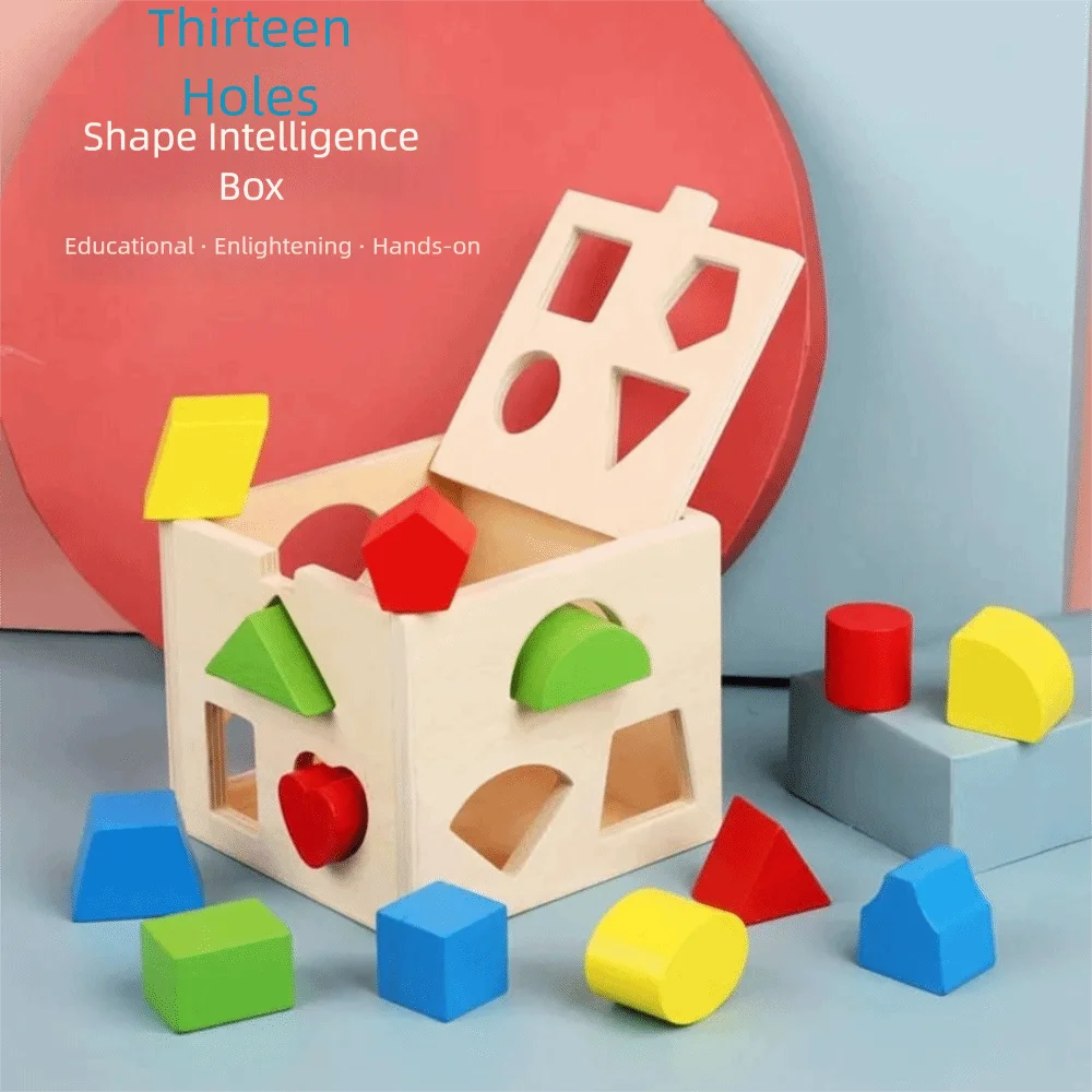 Hölzerner Montessori-Formsortierer, quadratische Box, 13-Loch-Montessori-Form, passendes Spielzeug, bunte frühkindliche Bildung