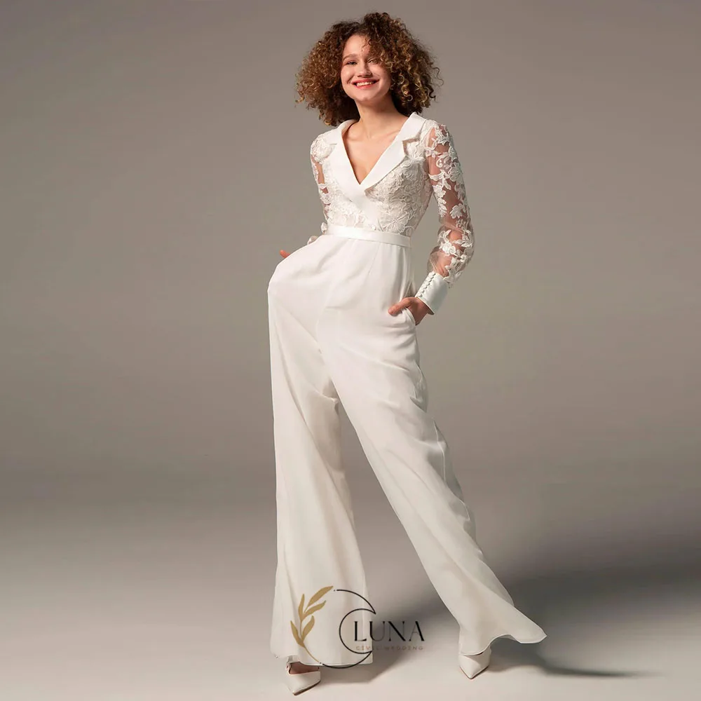 Luna Customized Formal V-Neck Wedding Dresses Jumpsuits Floor-Length Lace Long Sleeve Sheath Bride Dress for Civil Wedding