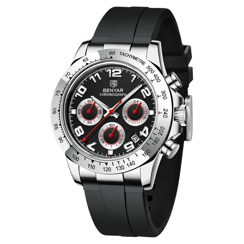 BENYAR BY-5192M Men Quartz Chronograph Watch Tachymeter Bezel 40MM Dial Rubber Strap Sport Racing Male Wristwatch