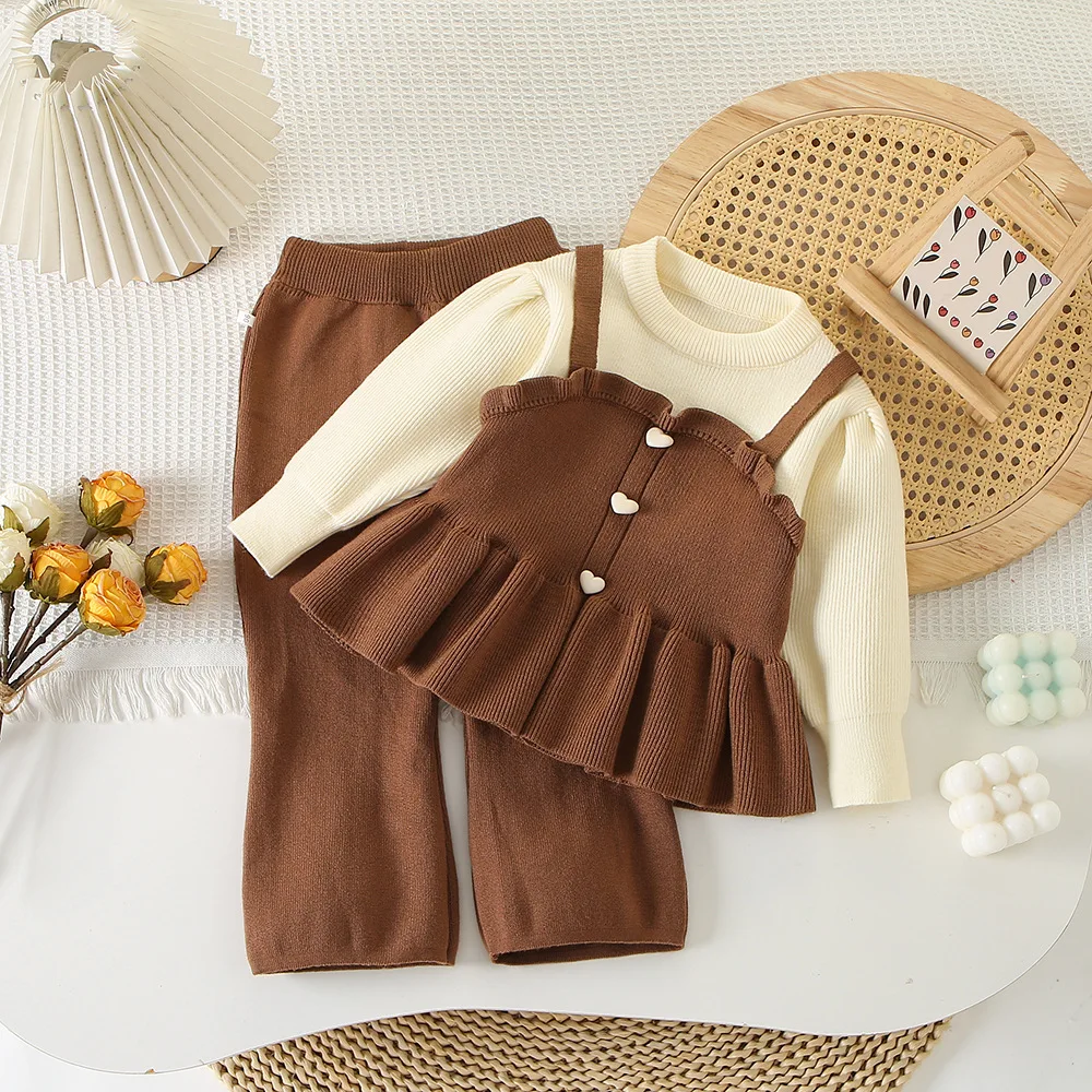 Children\'s Clothing Sets Fake Two Strap Knit Top + Straight-leg Pants Winter Knit Sweater for Children Clothes Outfit Set