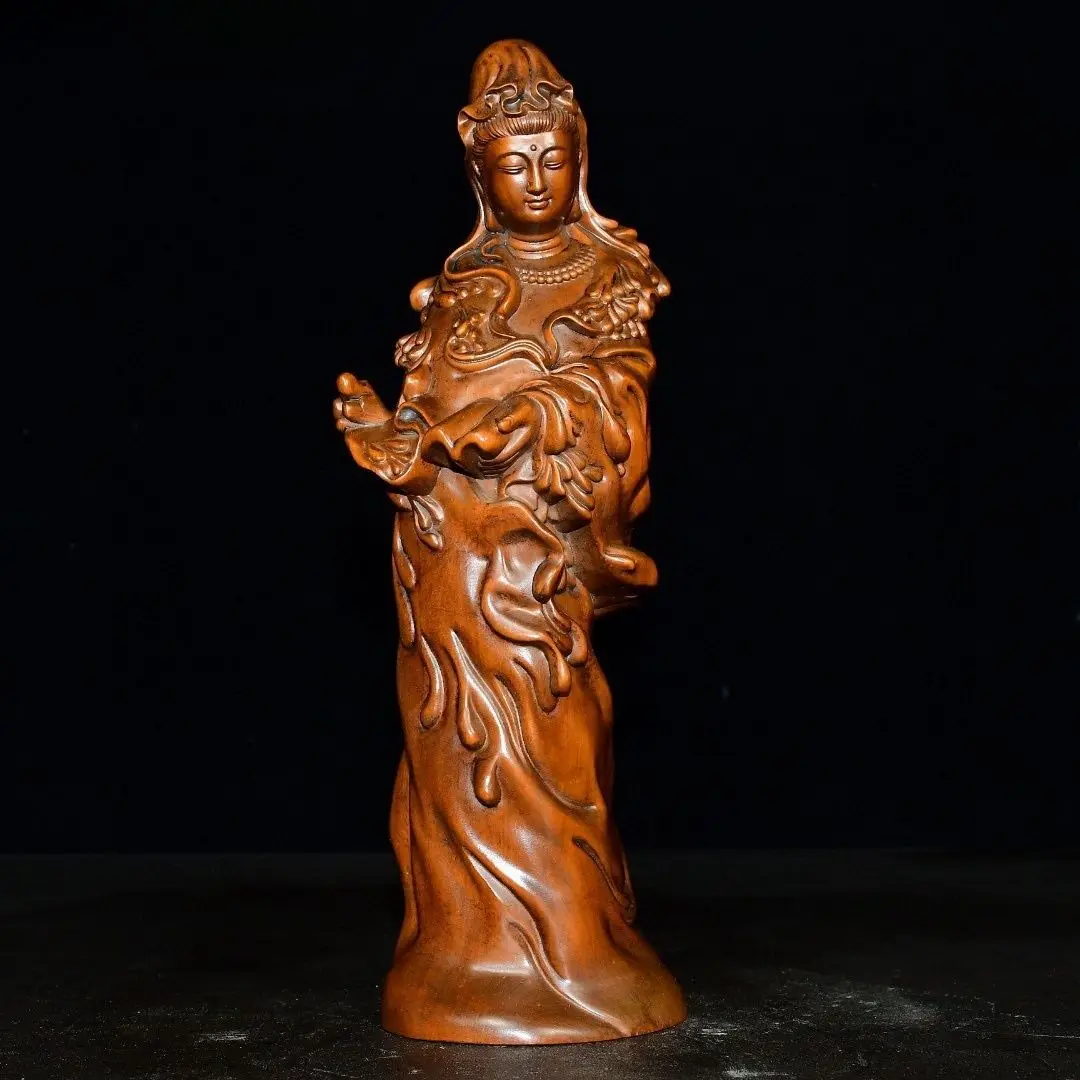 Hand Carved Wood Goddess guanyin holding scriptures Statue Figurine Desktop Ornaments Home Decoration