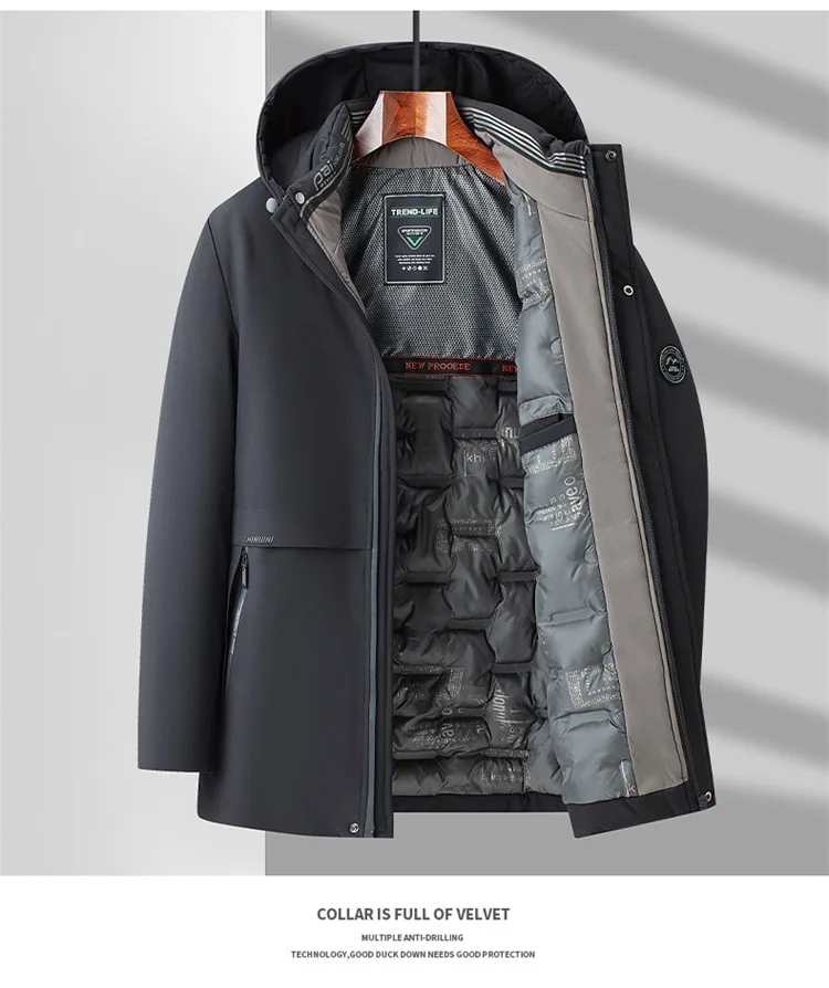 5XL Men's Winter Mid-Long Coat Warm Jacket Thick Coat Hat Detachable Long Jacket Business Jacket Mens Winter Hooded Warm Parkas