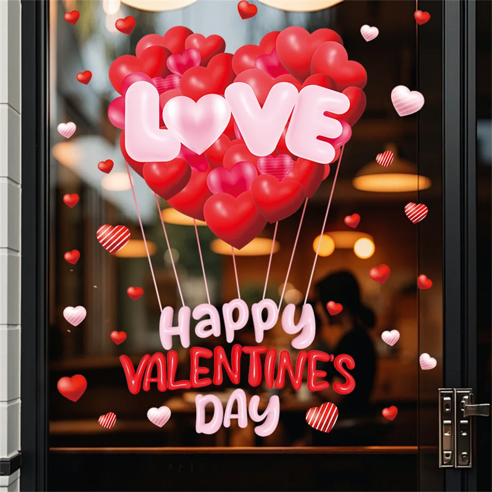 Fensteraufkleber „Happy Valentine's Day“, Liebesherz-Ballonaufkleber für Glas, doppelseitige Fensteraufkleber für Hochzeitsdekoration