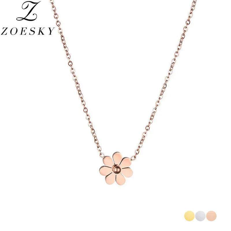 Zoesky Titanium Steel Daisy Flowers Pendant Necklaces For Women Girls 18K Rose Gold Plated Charms Choker Collier Jewelry Gift