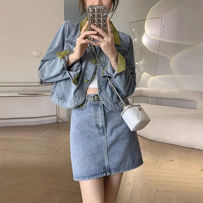 デニムコートミニスカートツーピースセット春秋の女性のファッションパッチワークショートジャケット A ラインスカート衣装新しいジーンズスーツ