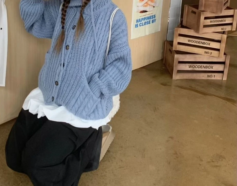 Torções de massa frita com capuz vintage camisola casaco cardigan outono inverno novo design desleixado solto malha topo