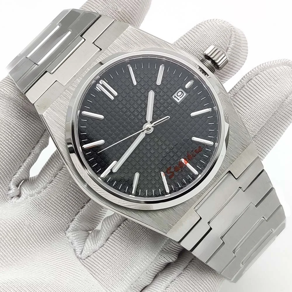CNH35 Movement Automatic Watch Sapphire Crystal Brushed Stainless Steel Cushion Case Black Grid Dial Date Waterproof Men's Watch