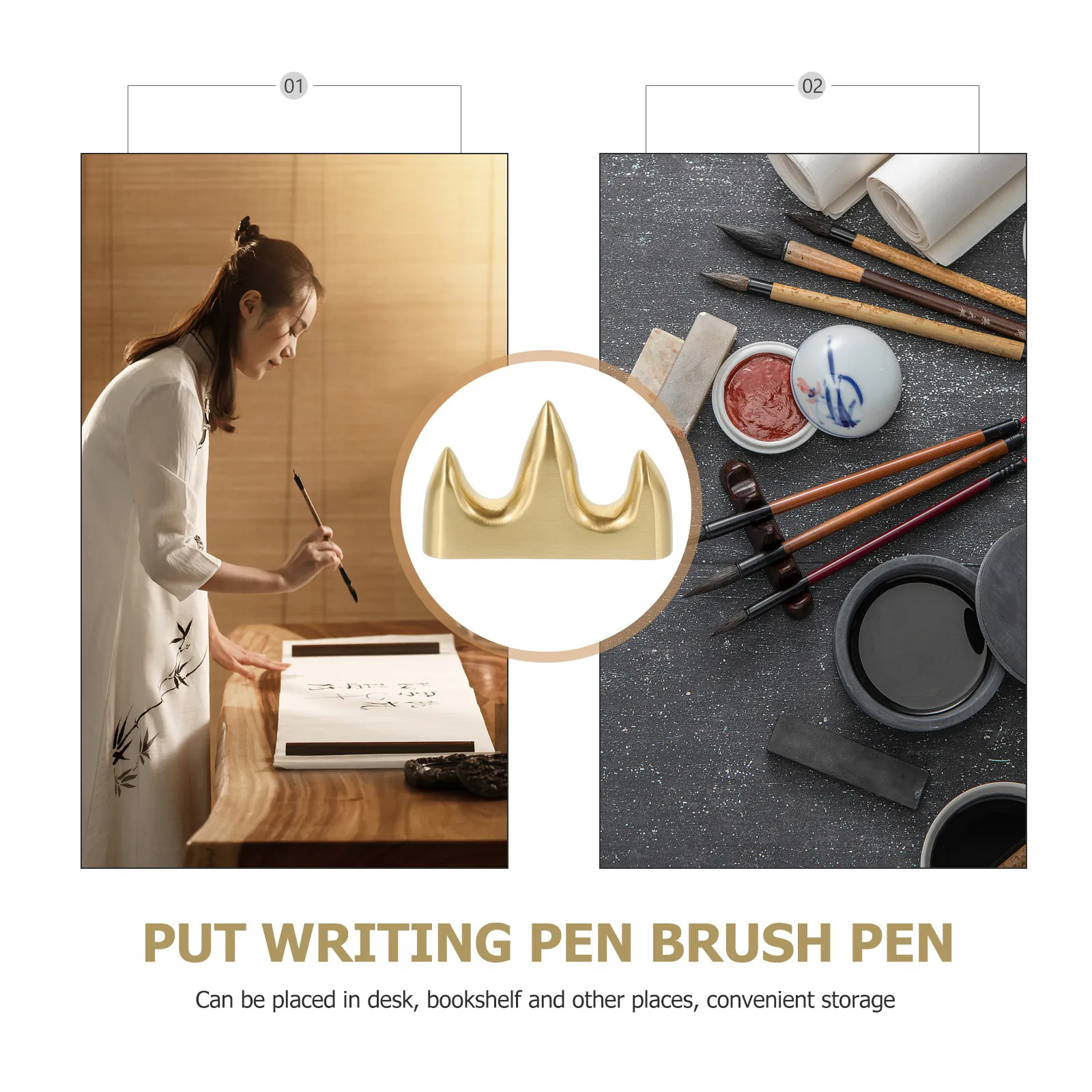 Vintage Brass Pen Rack for Calligraphy Brushes Sumi Writing Brush Support Mountain Style Brush Pen Holder Desktop Organizer Home
