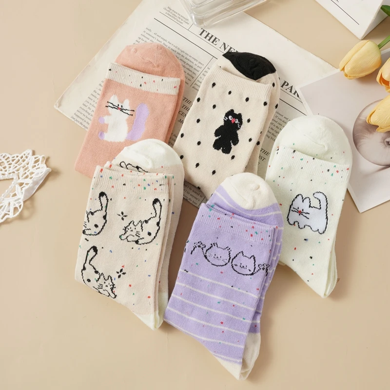 

Новые милые женские носки средней длины с героями мультфильмов, дышащие носки с принтом в горошек, весенне-осенние короткие носки с котом, щенком медведя и ворсом для девочек