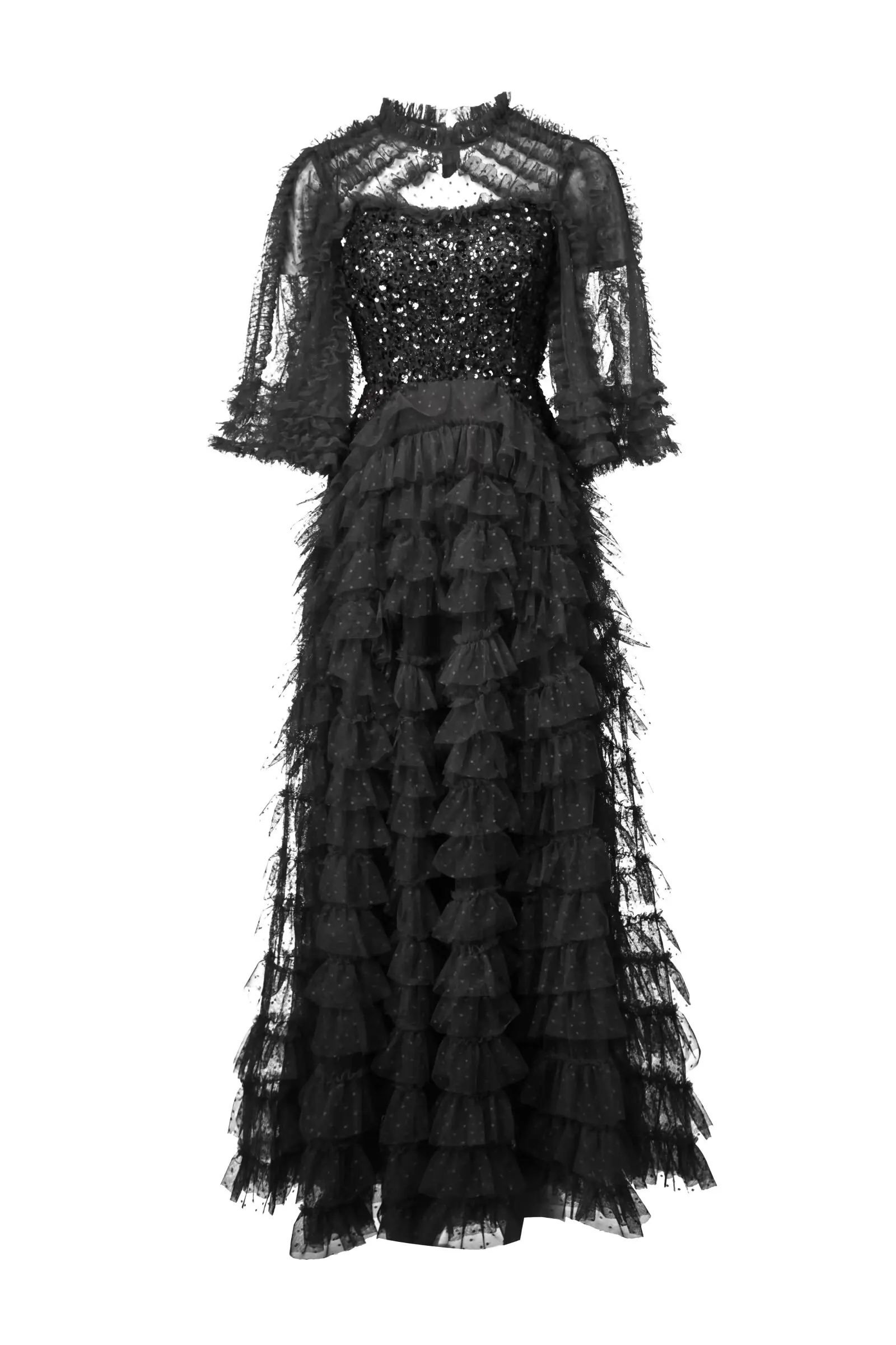 Meyyithun vestido feminino lantejoulas malha frisada gola redonda maxi vestido com meia manga babados em camadas estilo vintage moda verão