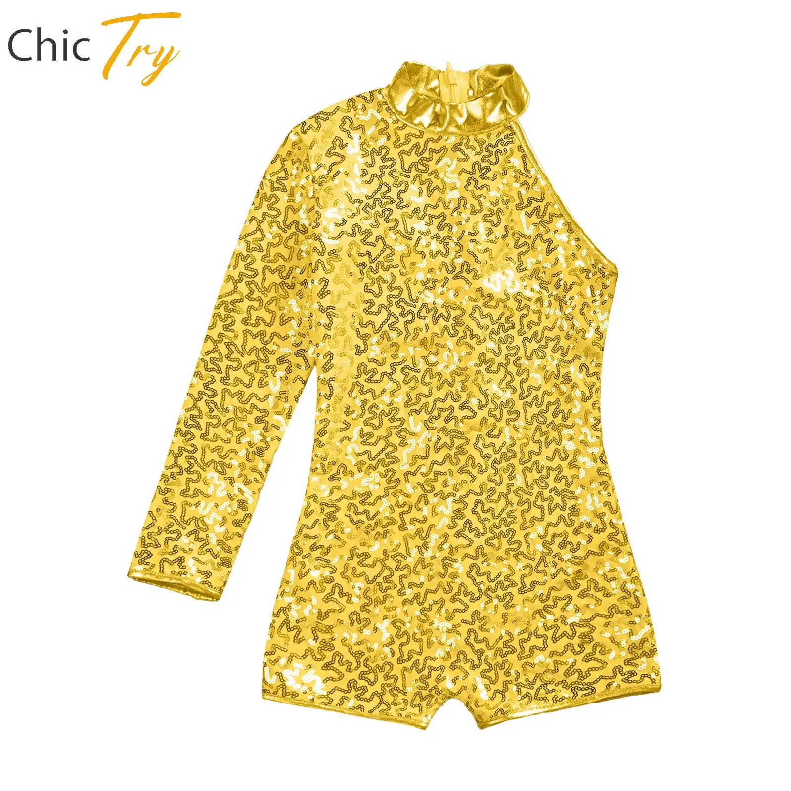 

Children Girls Sequins Jazz Hip-pop Street Modern Dance Bodysuit Gym Performance Competition Costume Single Long Sleeve Leotards