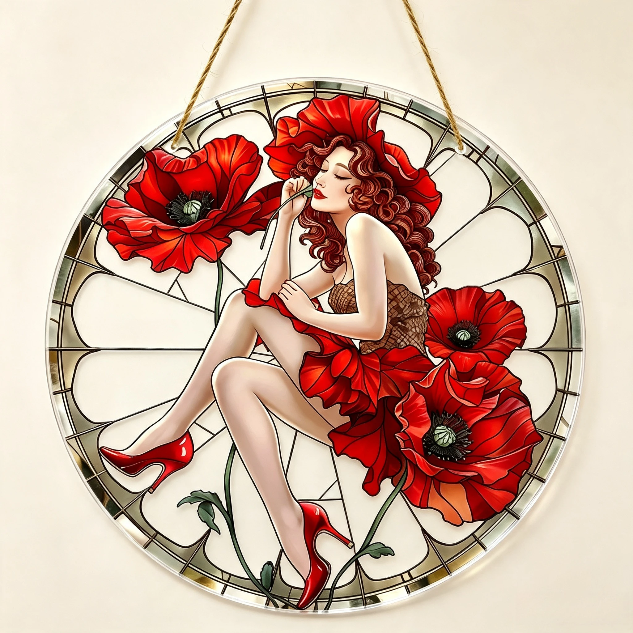 Elegant Lady Red High Heels Red Poppy Stained Glass Effect Round Acrylic Hanging Plaque