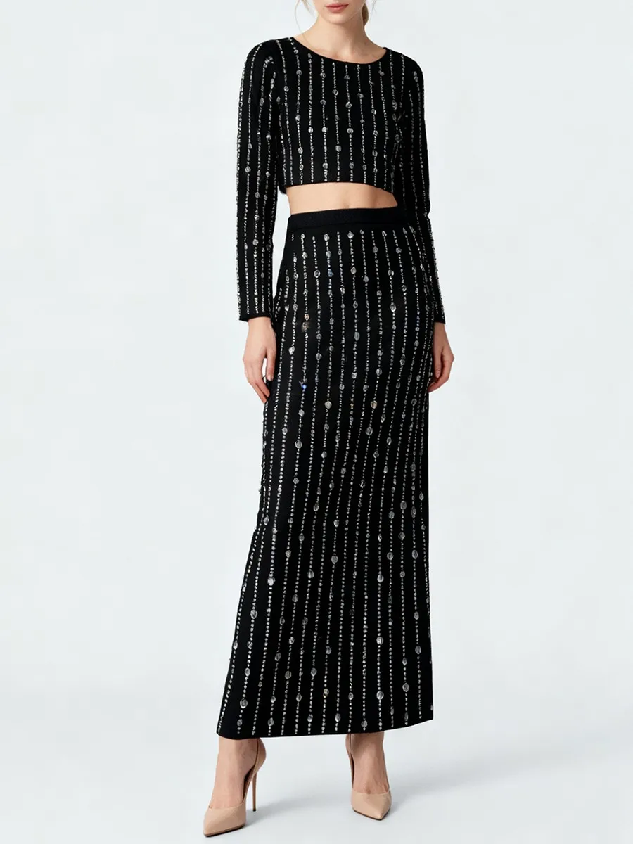 TWOTWINSTYLE Solid Spliced Bead Fashion Two Piece Sets for Women O Neck Long Sleeves Short Top High Waist Skirt Set Female New