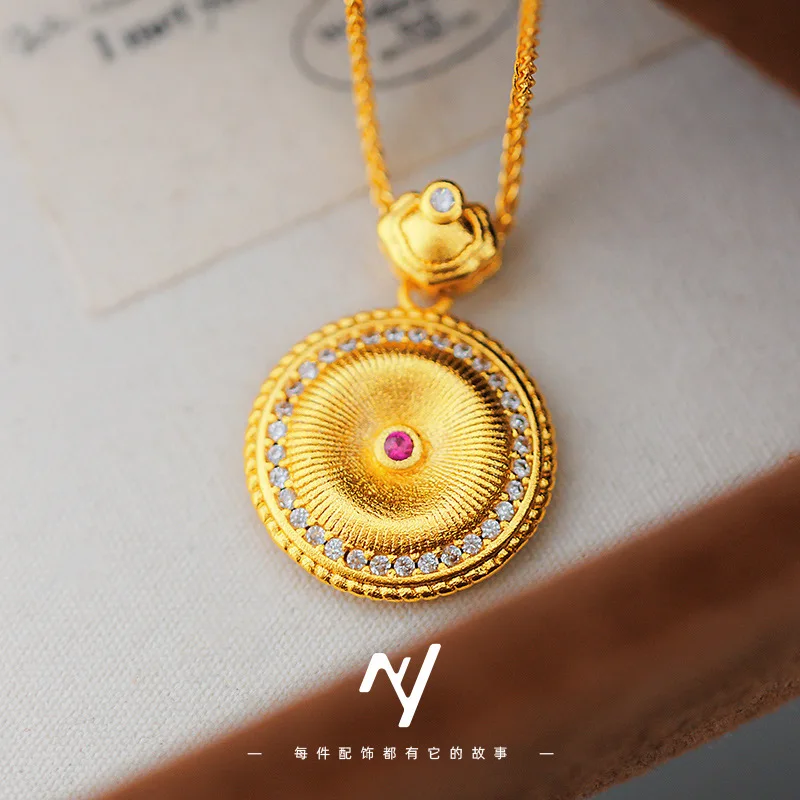 

Luxury 24K 9999 Pure Gold real gold Women's Point Drill Brushed Xiangyun Safe Buckle Pendant Necklace Round Brand Clavicle Chain