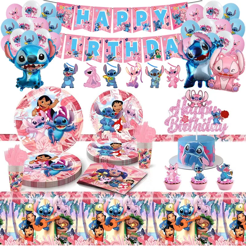 

Disney Lilo&Stitch Birthday Decoration Kid Baby Shower Pink Stitch Paper Cup+Plate Tableware Supply Party Backdrop Balloon Decor