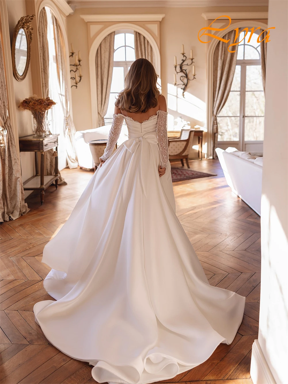 فستان سهرة من الساتان رائع مخصص برقبة على شكل حرف V وأكمام طويلة فساتين زفاف حساسة مطرزة للمناسبات الخاصة