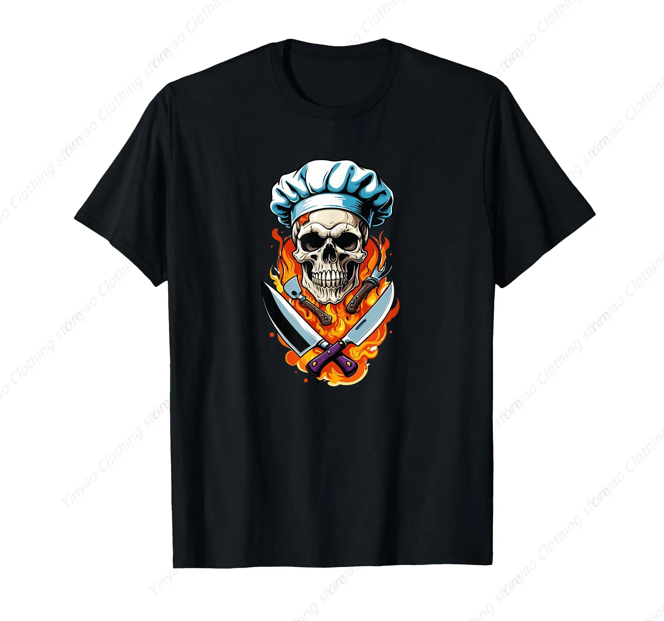 

Chef Knife Skull Cooking Fun Printed Pattern Gangster Funny Chef T-shirt Pure Cotton Black Round Neck Short Sleeve