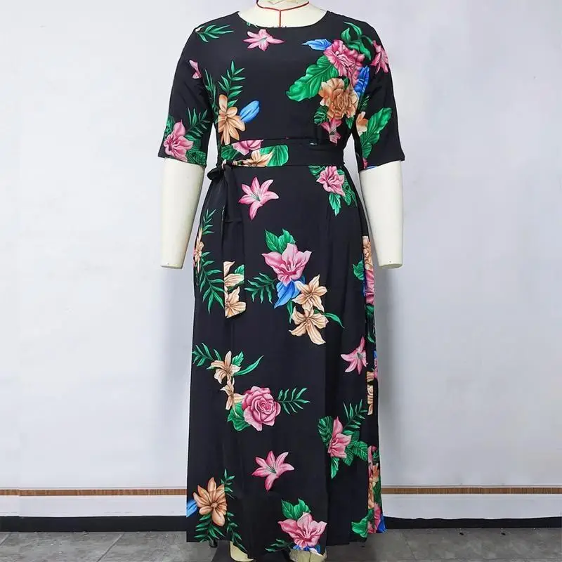 

L38E женское свободное платье макси с круглым вырезом и половиной рукавом с цветочным принтом и завязками на талии