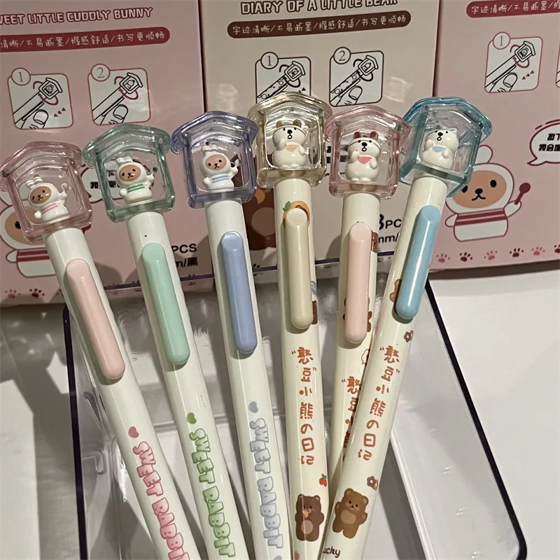 3pcs/set Cute Cartoon Gel Pen for Kids Girl Kawaii Animal Bear Bunny Stationery Gel Pen 0.5mm Black Ink Pen for Writing Student