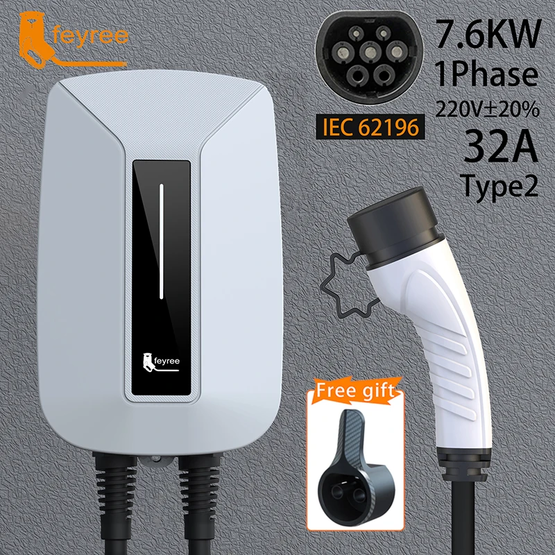 feyree EV Charger Type2 Plug EVSE Wallbox 32A 7KW IEC62196-2 Socket 1 Phase 5m Cable Wallmount Charging Station for Electric Car