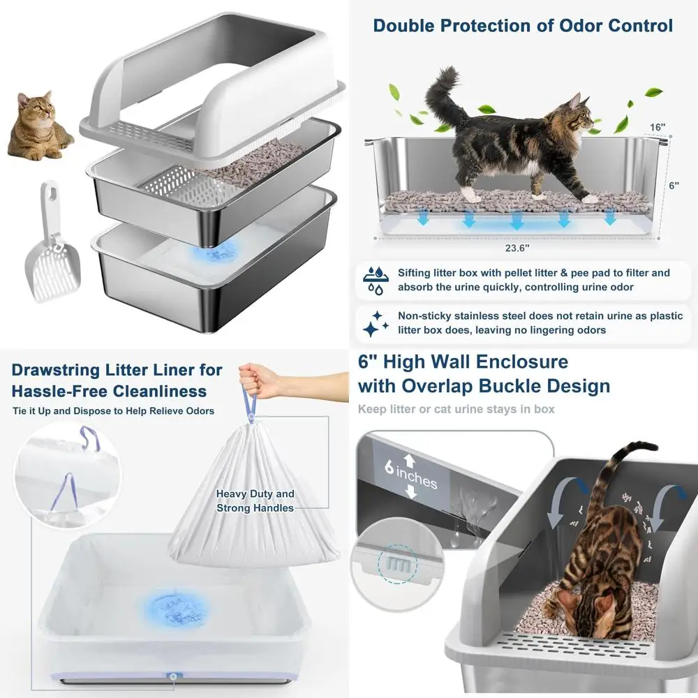 

Очень большой лоток для кошек из нержавеющей стали с крышкой, XL, для сортировки сосновых гранул, высокие бортики для крупных кошек, герметичный, E