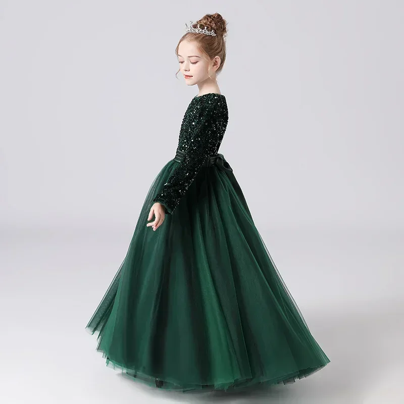 

Girl's Concert Solo Dress Children's Piano Performance Dress Dark Green Middle School Host Dress