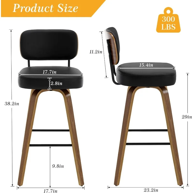 Upholstered Faux Leather Barstools with Back and Bent Wood Legs, Mid Century Modern Bar Chair Island Stool for Kitchen