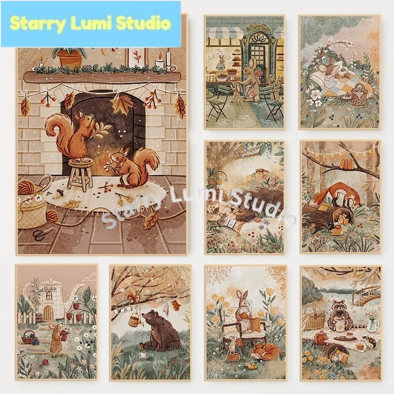 Bedtime Stories Illustrated Poster Cute  Woodland Animals Bunny Fox Mouse Diamond Painting Wall Art Nursery Kids Room Home Decor