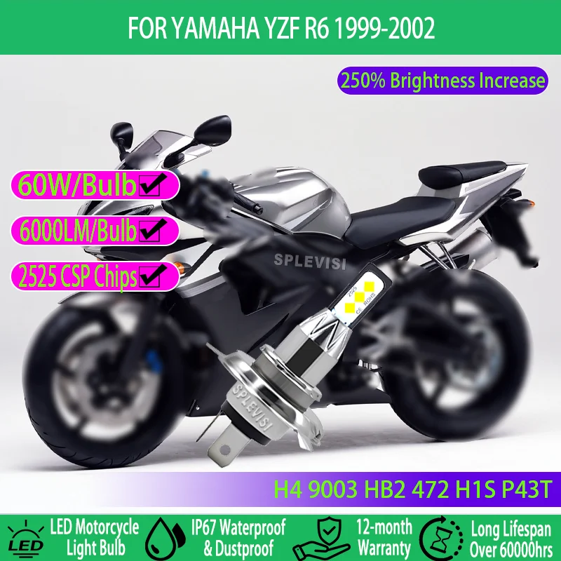 

1/2pcs H4 LED Headlight Bulb - Aluminum Housing, Better Cooling For Yamaha YZF R6 1999 2000 2001 2002 Waterproof fanless Quiet