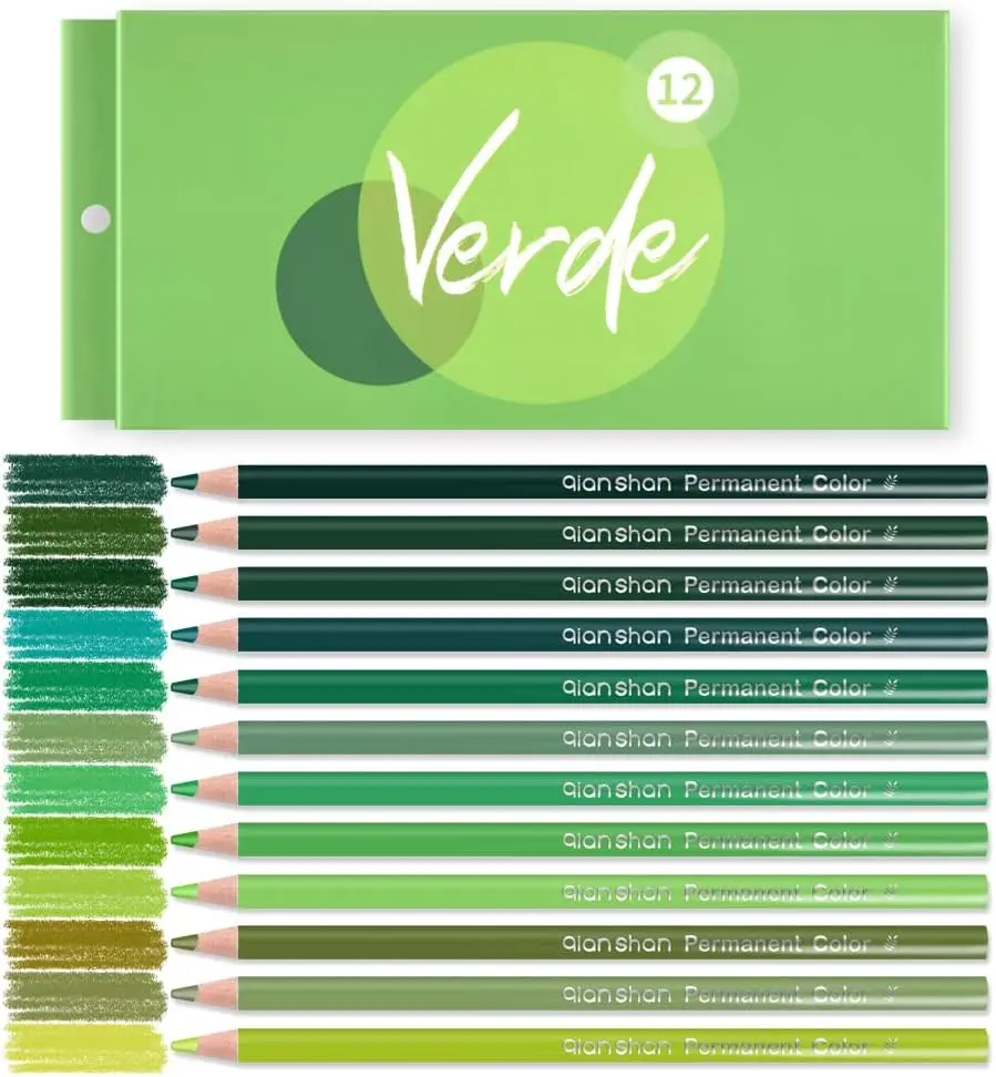

12 Green Colored Pencils Set for Adults, Pre-sharpened Oil-Based Art Supplies for Drawing and Sketching