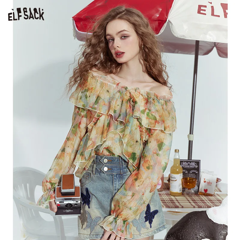 ELFSACK 2024 Summer New French style one-shoulder floral temperament slim shoulder shirt for women