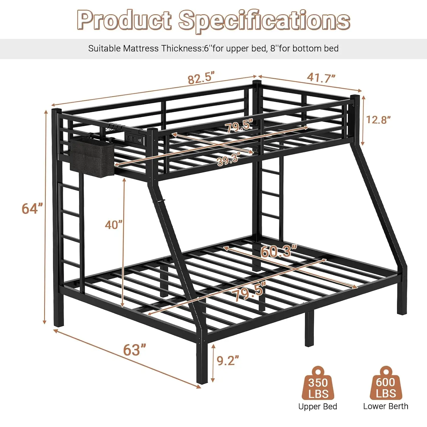 Twin XL Over Queen Bunk Bed Heavy Duty Metal for Adults & Teens 350/600LB w/Ladder & Guardrail Slats No Box Spring, Customized