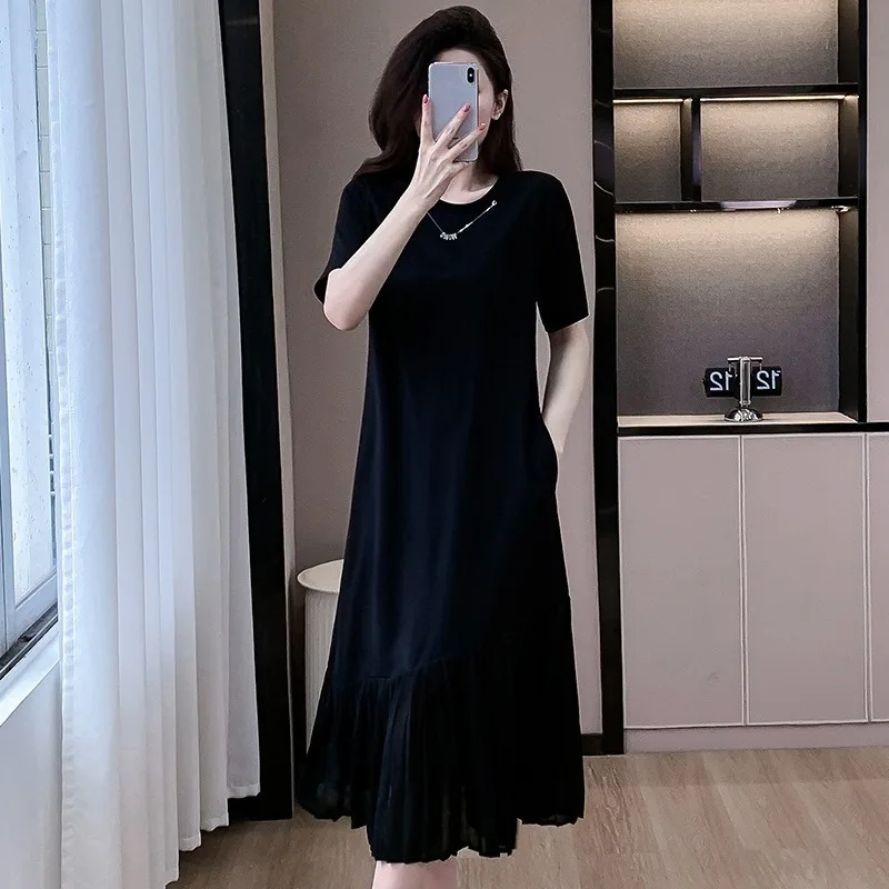 Plisowana Sukienka z Siateczkowymi Wstawkami, Długa, Luźna, Naszyjnik, Odpinana, Letnia Sukienka w Koreańskim Stylu na Lato 2025, Wyszczuplająca, z Okrągłym Dekoltem, Koszulowa Sukienka z Falbankami