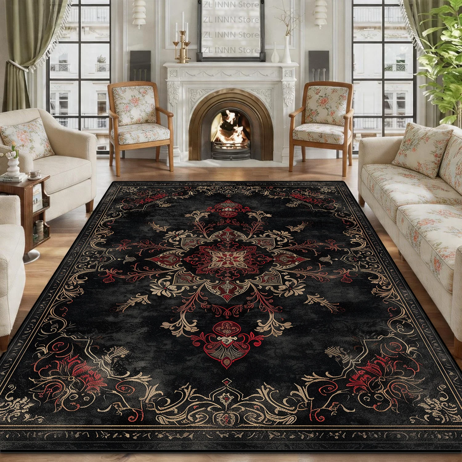 Tapis de salon persan rétro européen, motif doux en velours court, tapis antidérapant lavable pour tables basses, grande surface