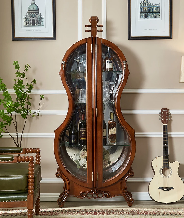 American cello wine cabinet guest restaurant high-end retro tea wine display cabinet European solid wood glass Baijiu cabinet ho