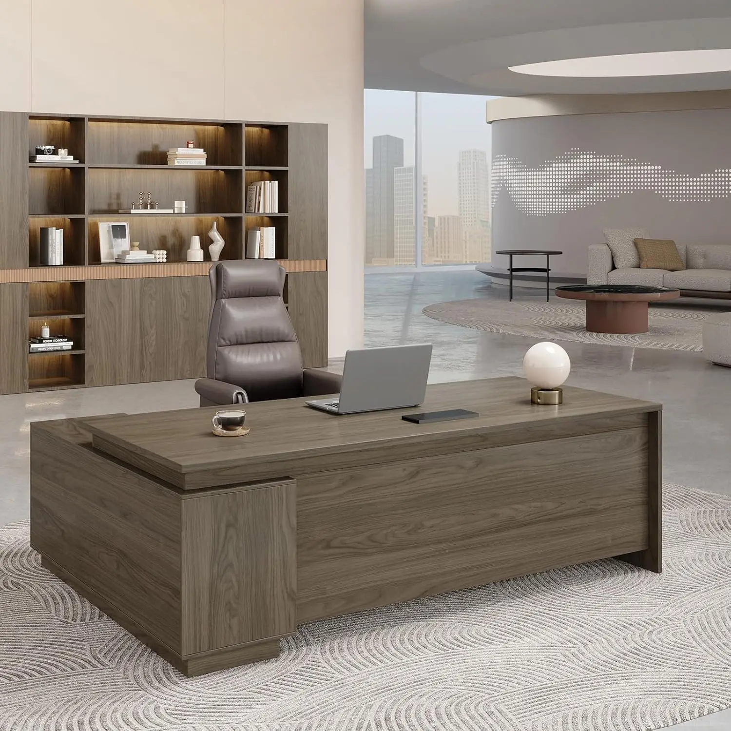 

63" L-Shaped Executive Desk with Reversible Return, Compact Office Desk with Locking Drawers, Open Storage Cabinet,, Customized