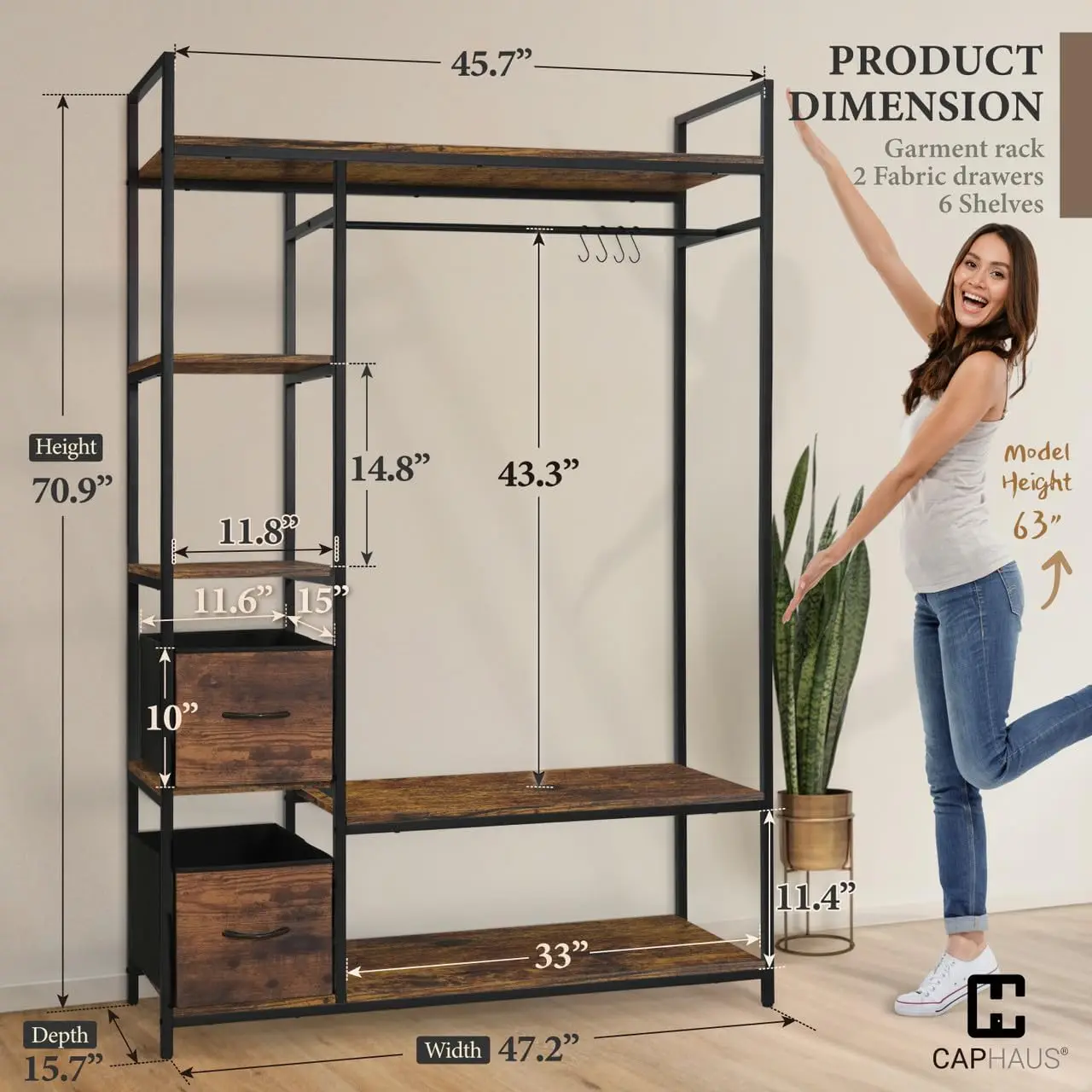 Capacity Garment Rack for Hanging Clothes, Heavy Duty Open Wardrobe w/Hanging Rods & Fabric Drawers, Free Standing Closet Organi