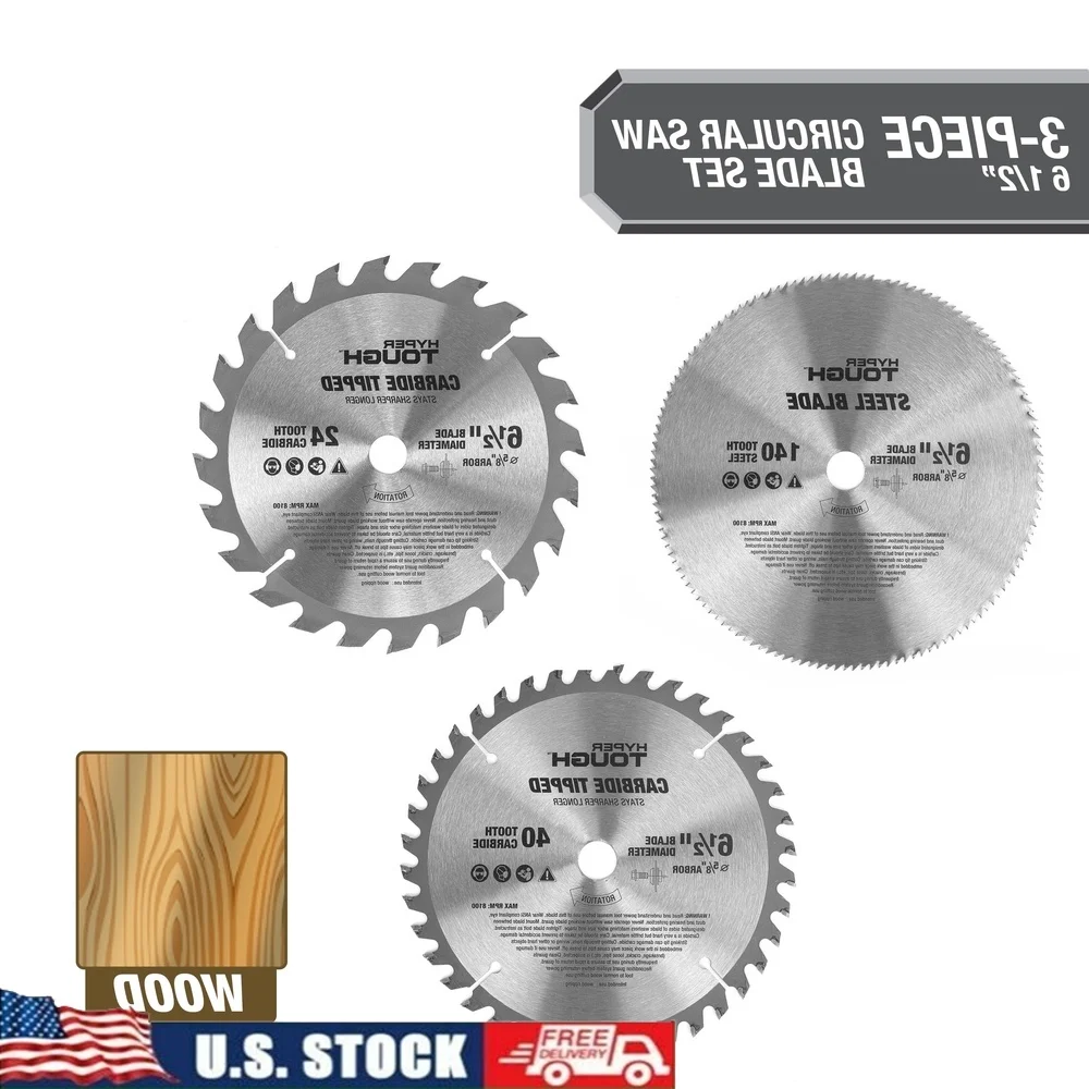 

Circular Saw Blade Set 3-Piece 6-1/2 inch Durable Steel Blades Wood Cutting 24T 40T 140T Heavy Duty