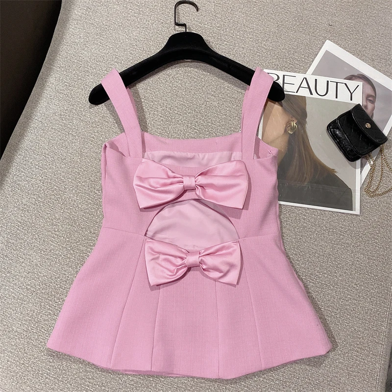 Hotsweet Shorts Sets Sexy Backless Bowknot Camisole Tops +High Waist Short Pants Two Piece Sets Women Ballet style 2 Piece Sets