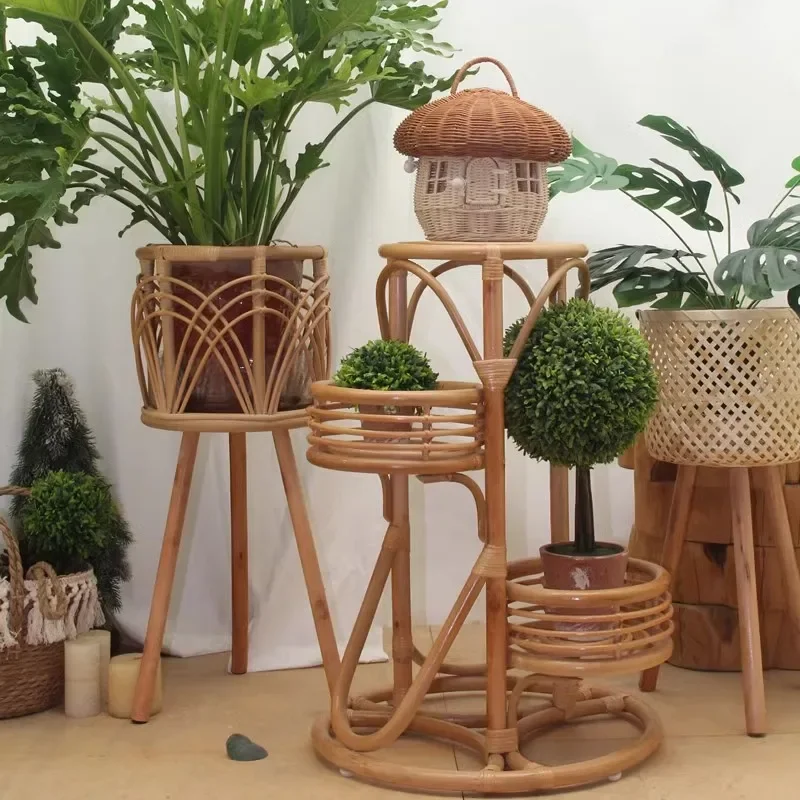 Nordic solid wood Indonesian rattan flower stand, living room sofa side few floor bamboo weaving rack,wall corner balcony flower