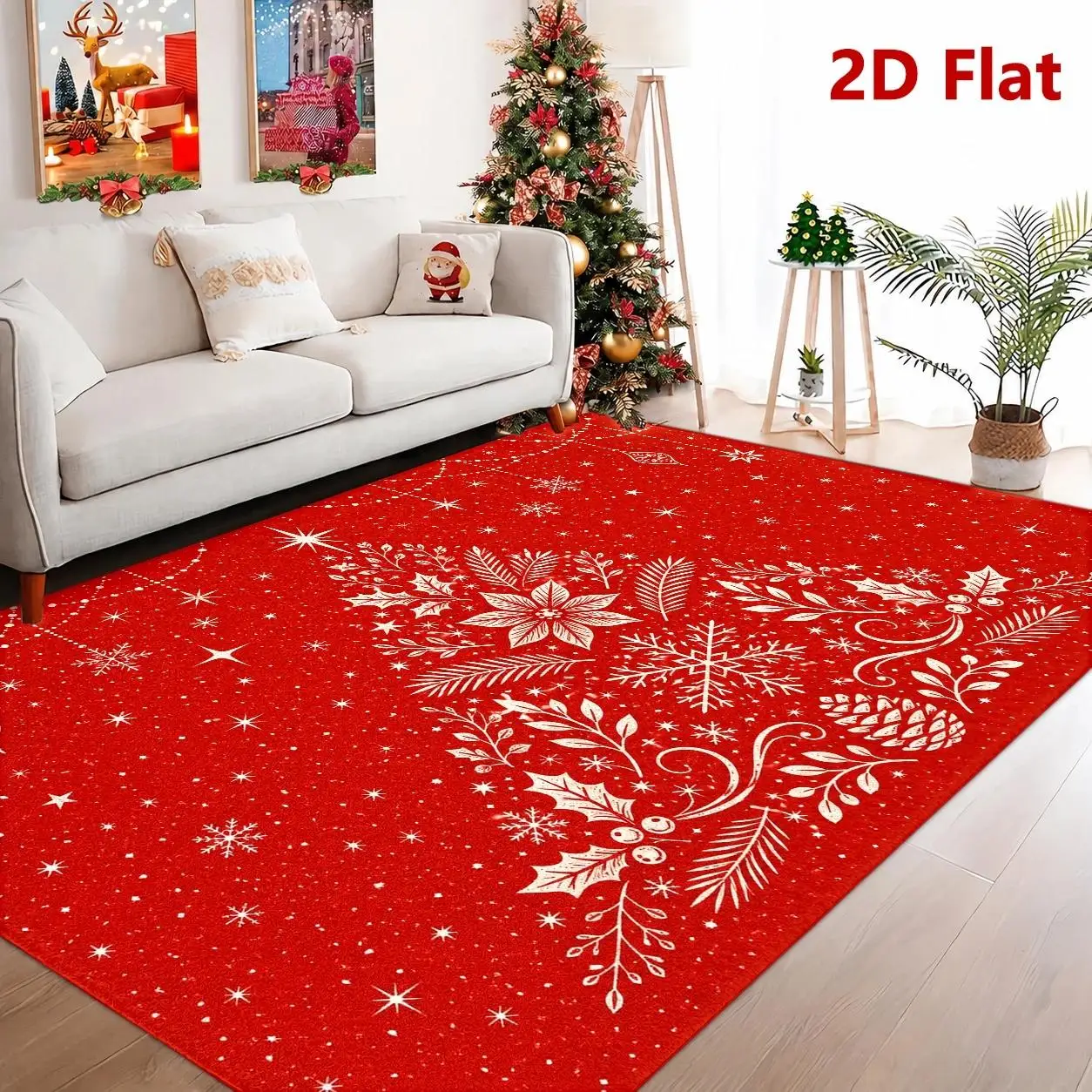 2D Flat Festive Rug with Christmas Tree Embroidery, Snowflake and Pine Needle Pattern Floor Mat, Soft Durable