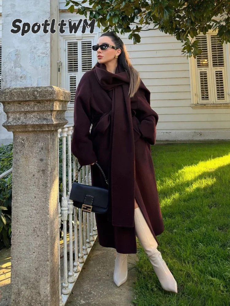 Elegant Solid Women Lace Up Woolen Coat Fashion Cardigan Scarf Neck Long Sleeves Loose Long Overcoat 2025 New Lady Street Jacket